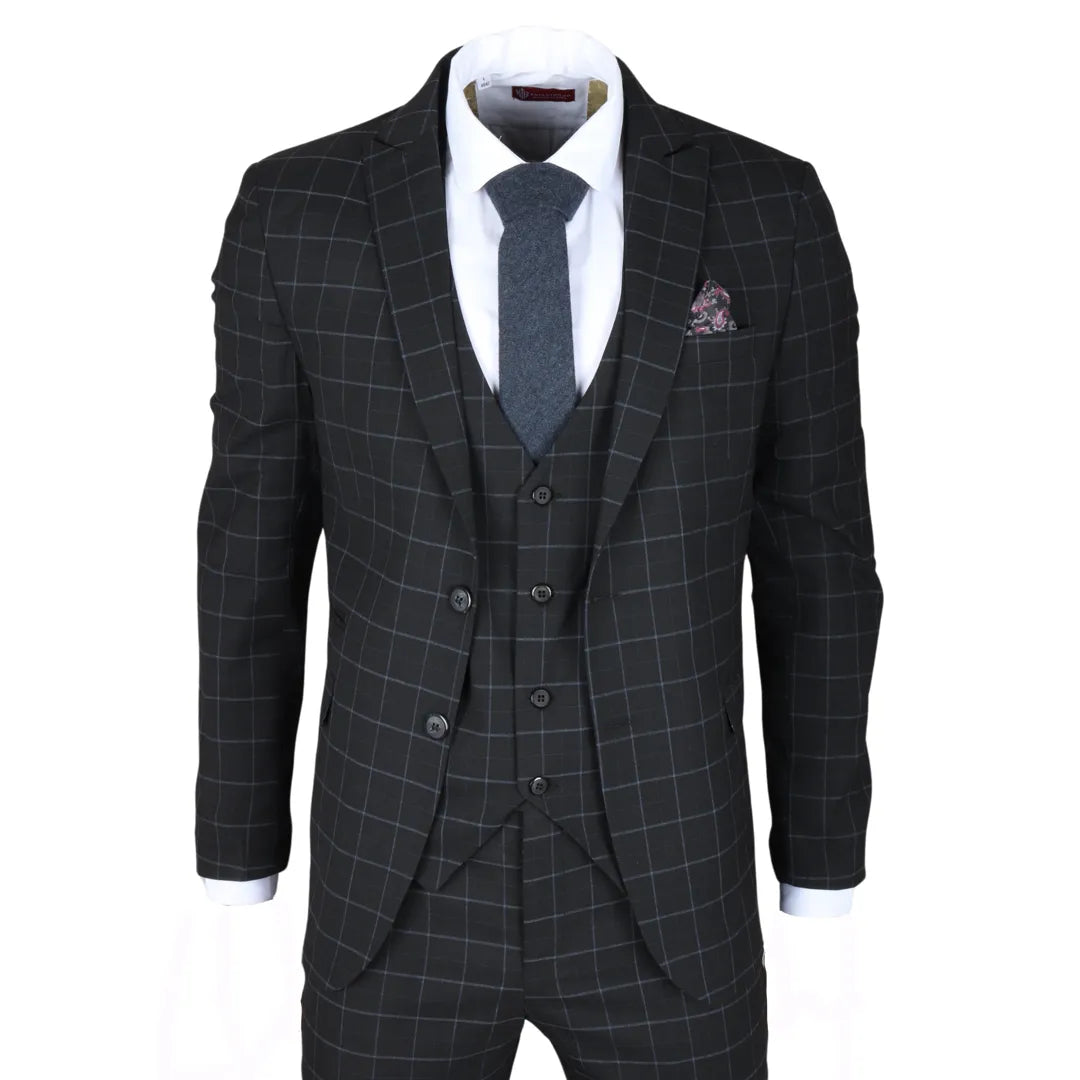IM3 Men's Black Checked Tailored Fit 3-Piece Suit