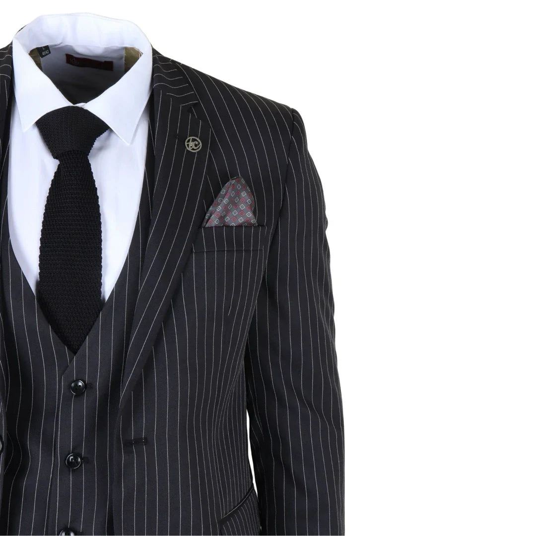 IM45 - Abito da uomo a tre pezzi gessato nero stile mafia