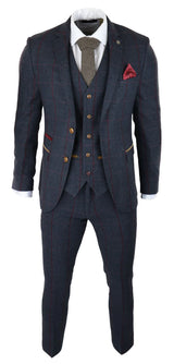 Mens Herringbone Tweed 3 Piece Navy Red Check Suit Vintage 1920s Tailored Fit