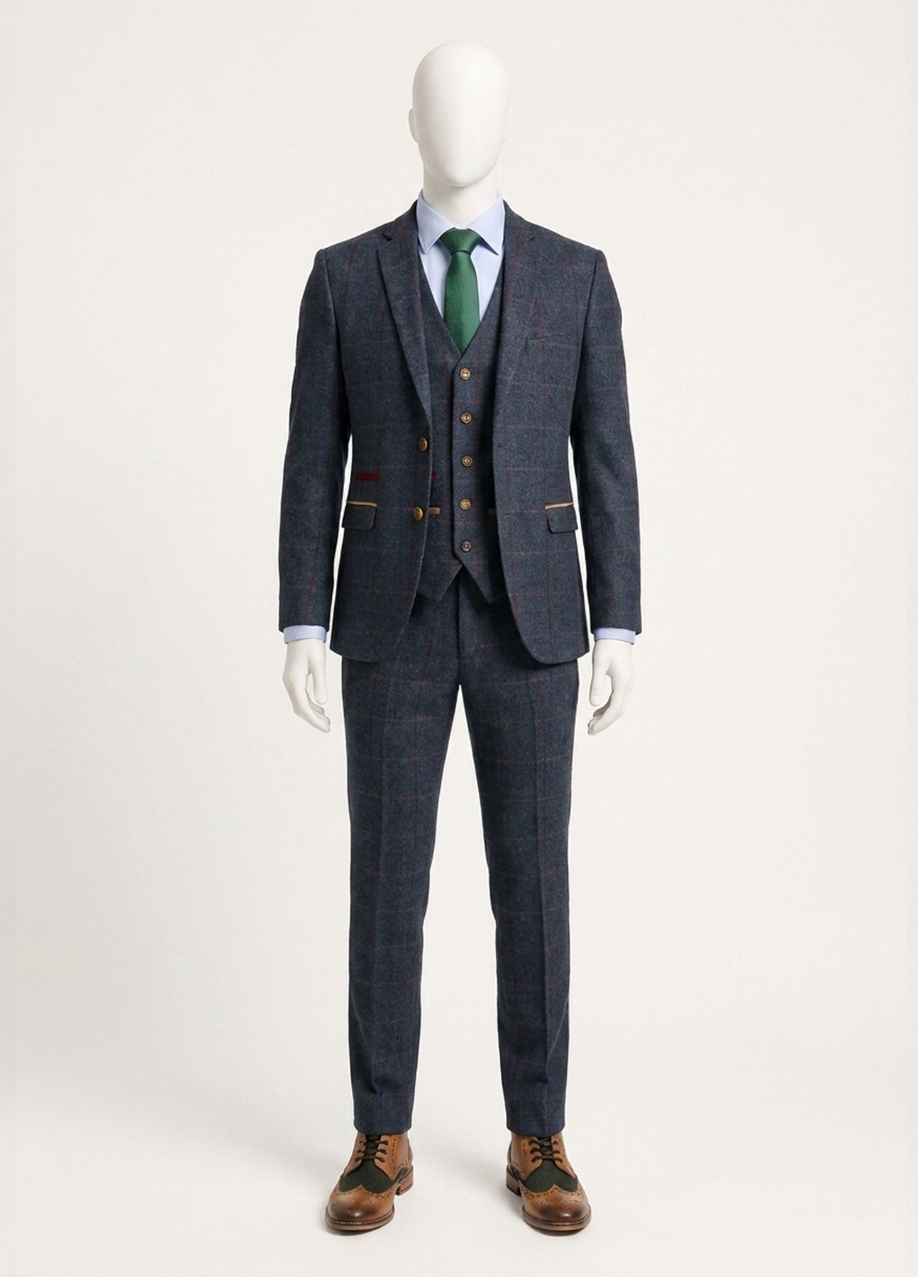 Abito da uomo in tweed a spina di pesce, 3 pezzi, blu navy e rosso a quadri, stile vintage anni '20, vestibilità su misura