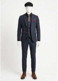 Abito da uomo in tweed a spina di pesce, 3 pezzi, blu navy e rosso a quadri, stile vintage anni '20, vestibilità su misura