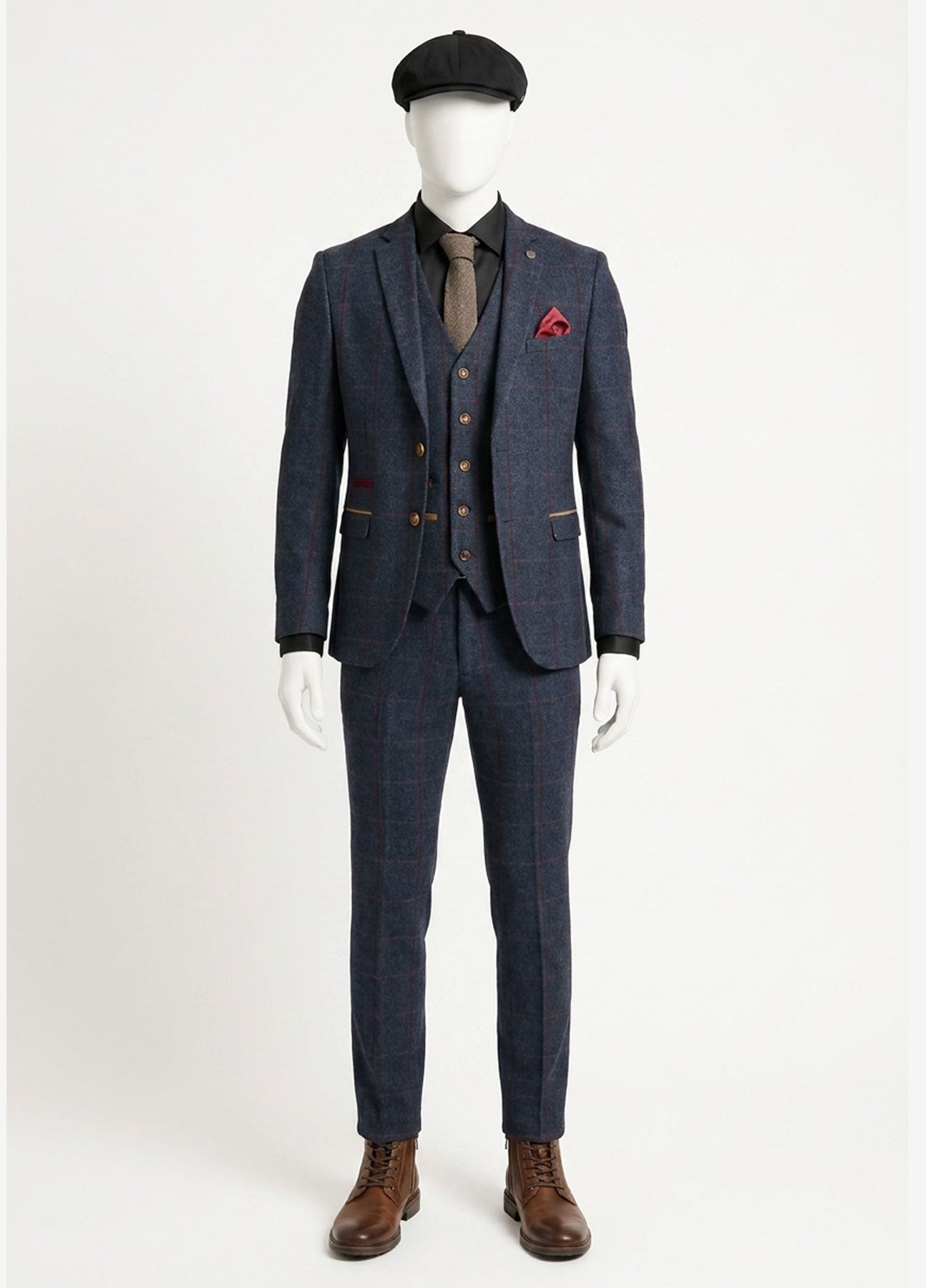 Abito da uomo in tweed a spina di pesce, 3 pezzi, blu navy e rosso a quadri, stile vintage anni '20, vestibilità su misura