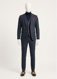 Abito da uomo in tweed a spina di pesce, 3 pezzi, blu navy e rosso a quadri, stile vintage anni '20, vestibilità su misura