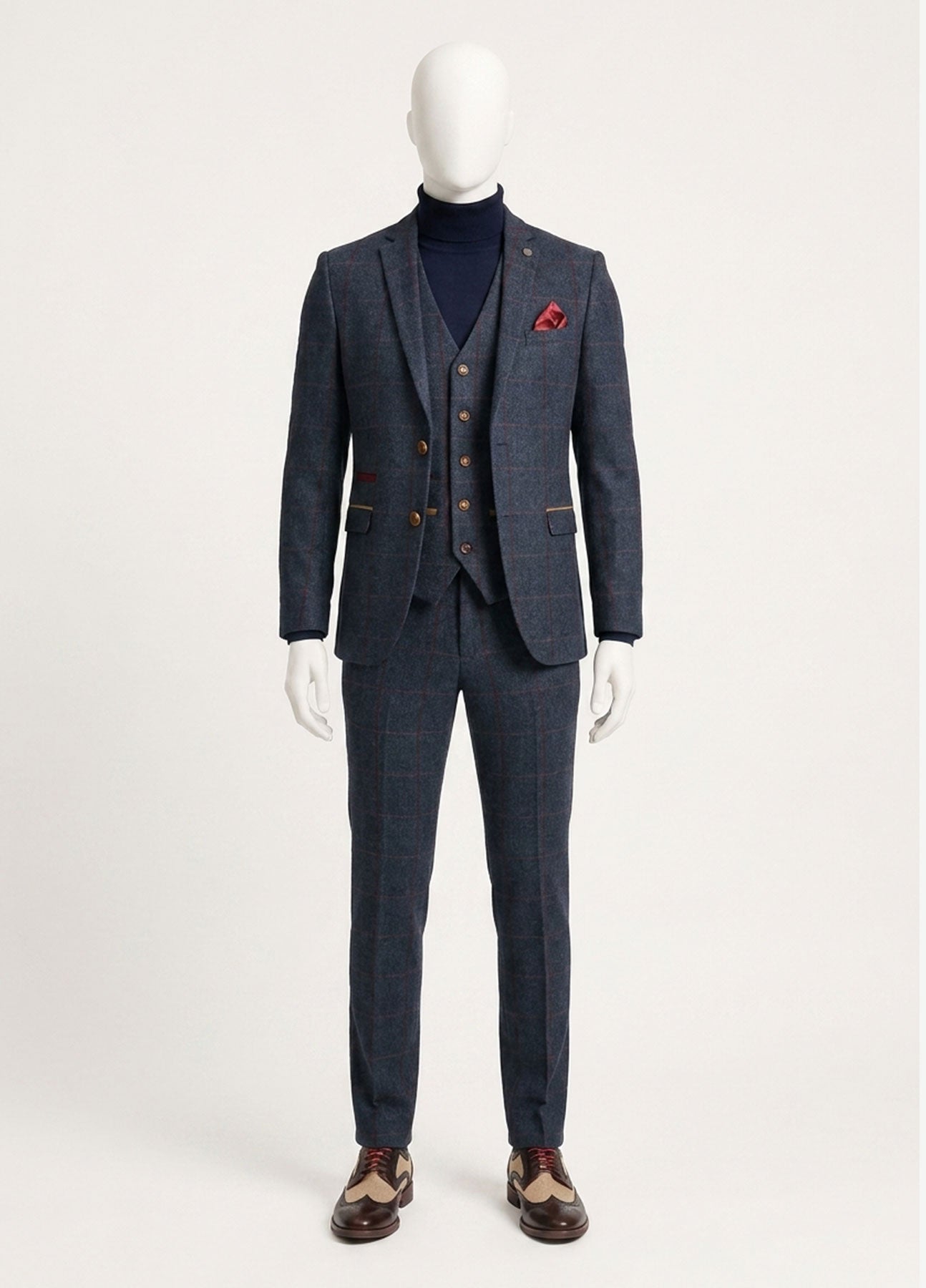 Abito da uomo in tweed a spina di pesce, 3 pezzi, blu navy e rosso a quadri, stile vintage anni '20, vestibilità su misura