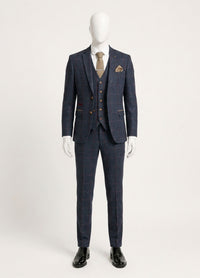 Abito da uomo in tweed a spina di pesce, 3 pezzi, blu navy e rosso a quadri, stile vintage anni '20, vestibilità su misura