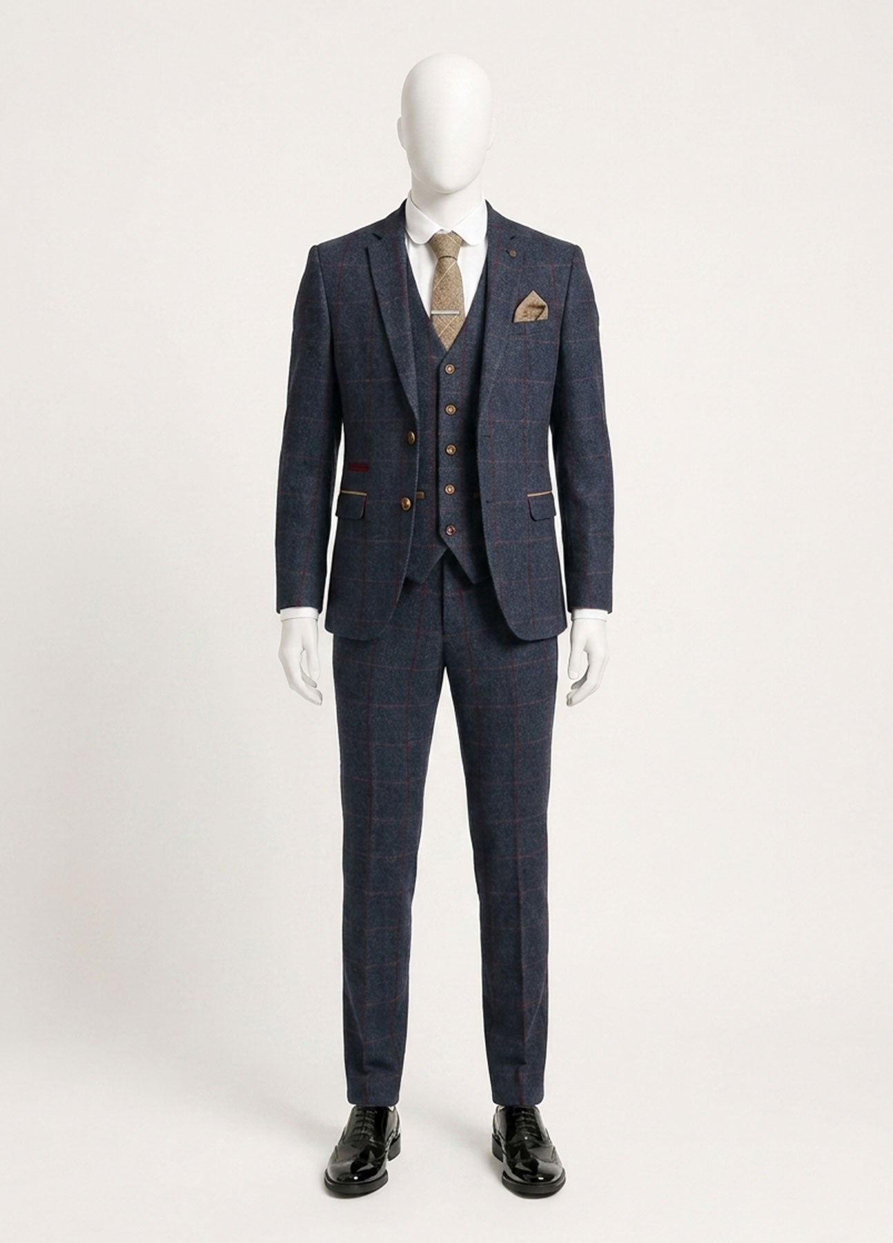 Abito da uomo in tweed a spina di pesce, 3 pezzi, blu navy e rosso a quadri, stile vintage anni '20, vestibilità su misura