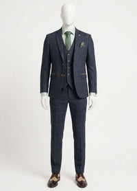 Abito da uomo in tweed a spina di pesce, 3 pezzi, blu navy e rosso a quadri, stile vintage anni '20, vestibilità su misura