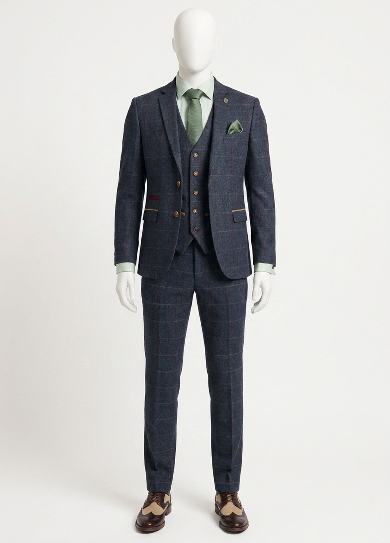 Abito da uomo in tweed a spina di pesce, 3 pezzi, blu navy e rosso a quadri, stile vintage anni '20, vestibilità su misura