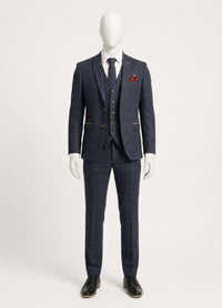 Abito da uomo in tweed a spina di pesce, 3 pezzi, blu navy e rosso a quadri, stile vintage anni '20, vestibilità su misura