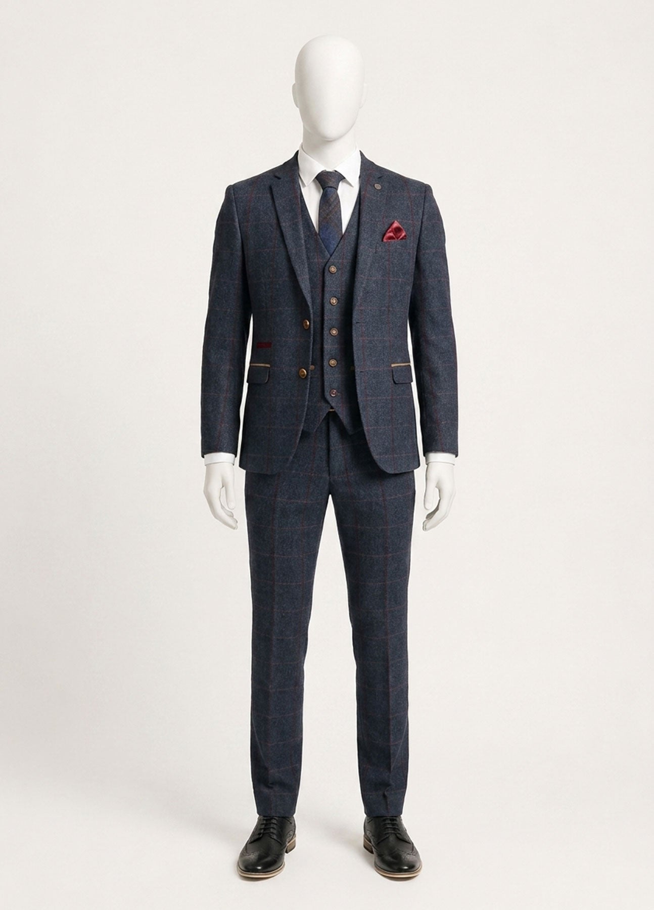Abito da uomo in tweed a spina di pesce, 3 pezzi, blu navy e rosso a quadri, stile vintage anni '20, vestibilità su misura