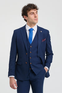 Abito da uomo blu navy 3 pezzi con finiture marroni, classico stile Birdseye, stile vintage, per sposi