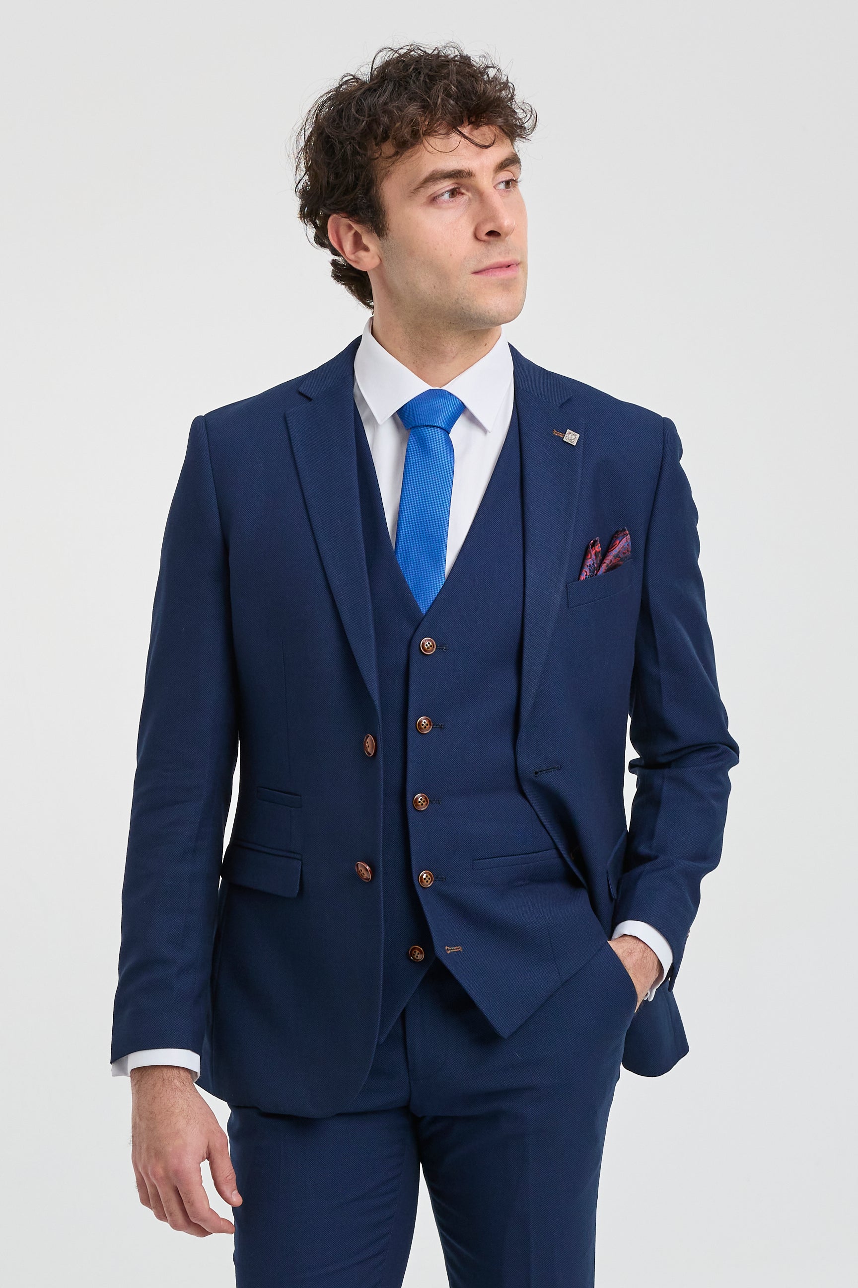 Abito da uomo blu navy 3 pezzi con finiture marroni, classico stile Birdseye, stile vintage, per sposi