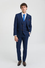 Abito da uomo blu navy 3 pezzi con finiture marroni, classico stile Birdseye, stile vintage, per sposi