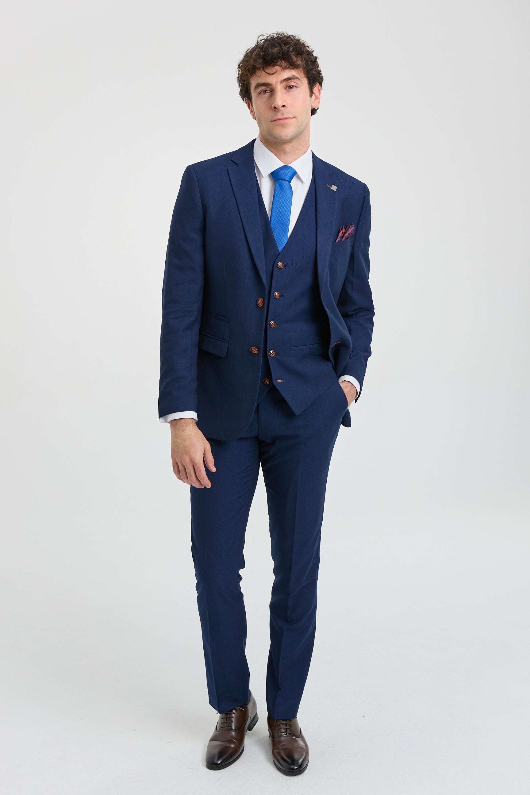 Abito da uomo blu navy 3 pezzi con finiture marroni, classico stile Birdseye, stile vintage, per sposi