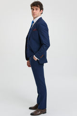 Abito da uomo blu navy 3 pezzi con finiture marroni, classico stile Birdseye, stile vintage, per sposi