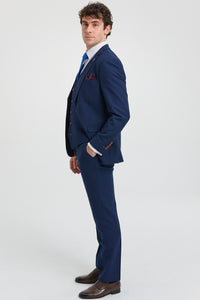 Abito da uomo blu navy 3 pezzi con finiture marroni, classico stile Birdseye, stile vintage, per sposi