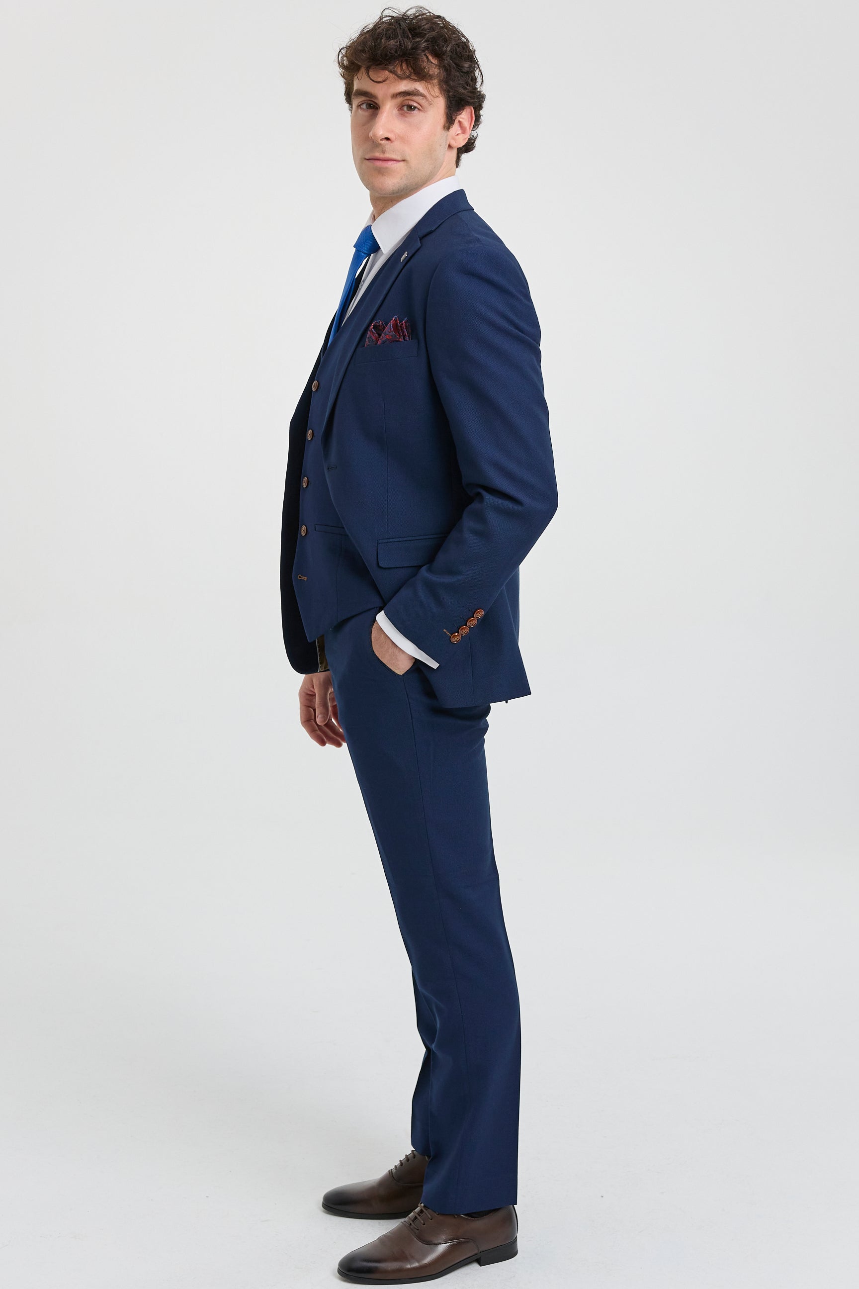 Abito da uomo blu navy 3 pezzi con finiture marroni, classico stile Birdseye, stile vintage, per sposi