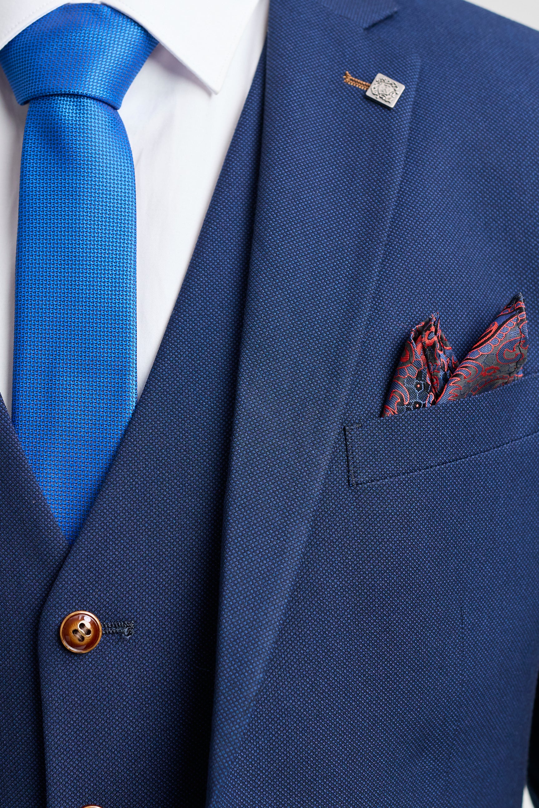 Abito da uomo blu navy 3 pezzi con finiture marroni, classico stile Birdseye, stile vintage, per sposi