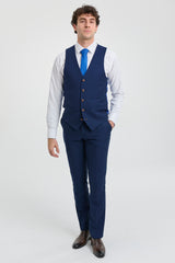 Abito da uomo blu navy 3 pezzi con finiture marroni, classico stile Birdseye, stile vintage, per sposi
