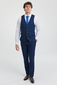 Abito da uomo blu navy 3 pezzi con finiture marroni, classico stile Birdseye, stile vintage, per sposi