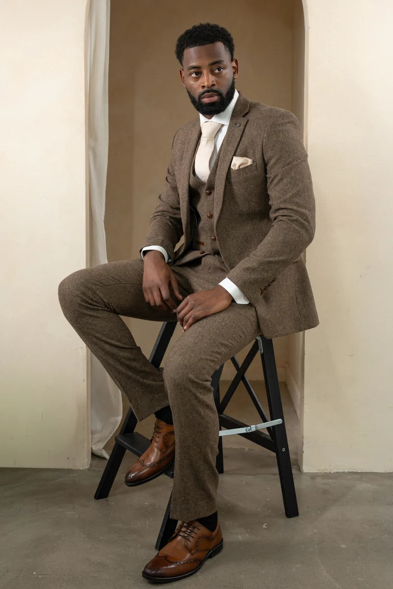Oscar - Abito da uomo in tweed misto lana marrone, 3 pezzi