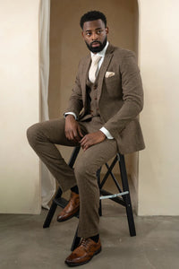 Oscar - Abito da uomo in tweed misto lana marrone, 3 pezzi