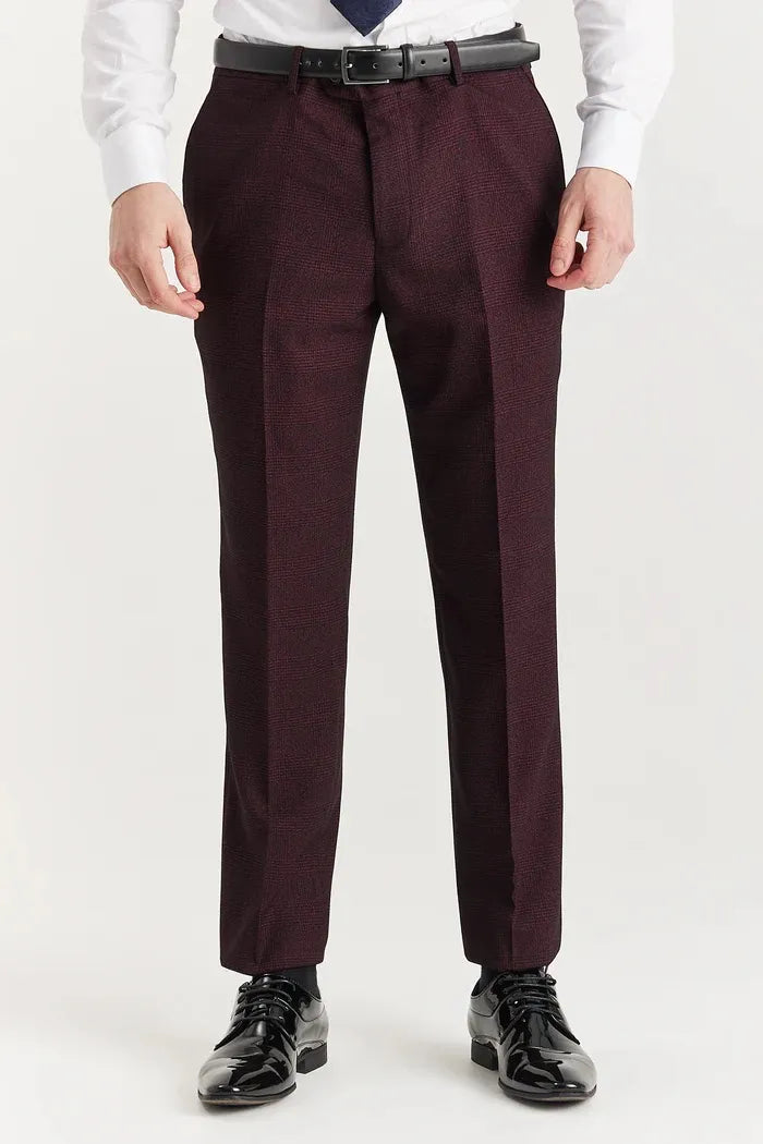 Regent - Pantaloni da uomo a quadri color vino
