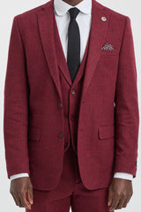 Abito da uomo in tweed a spina di pesce, 3 pezzi, color vino bordeaux - STZ11