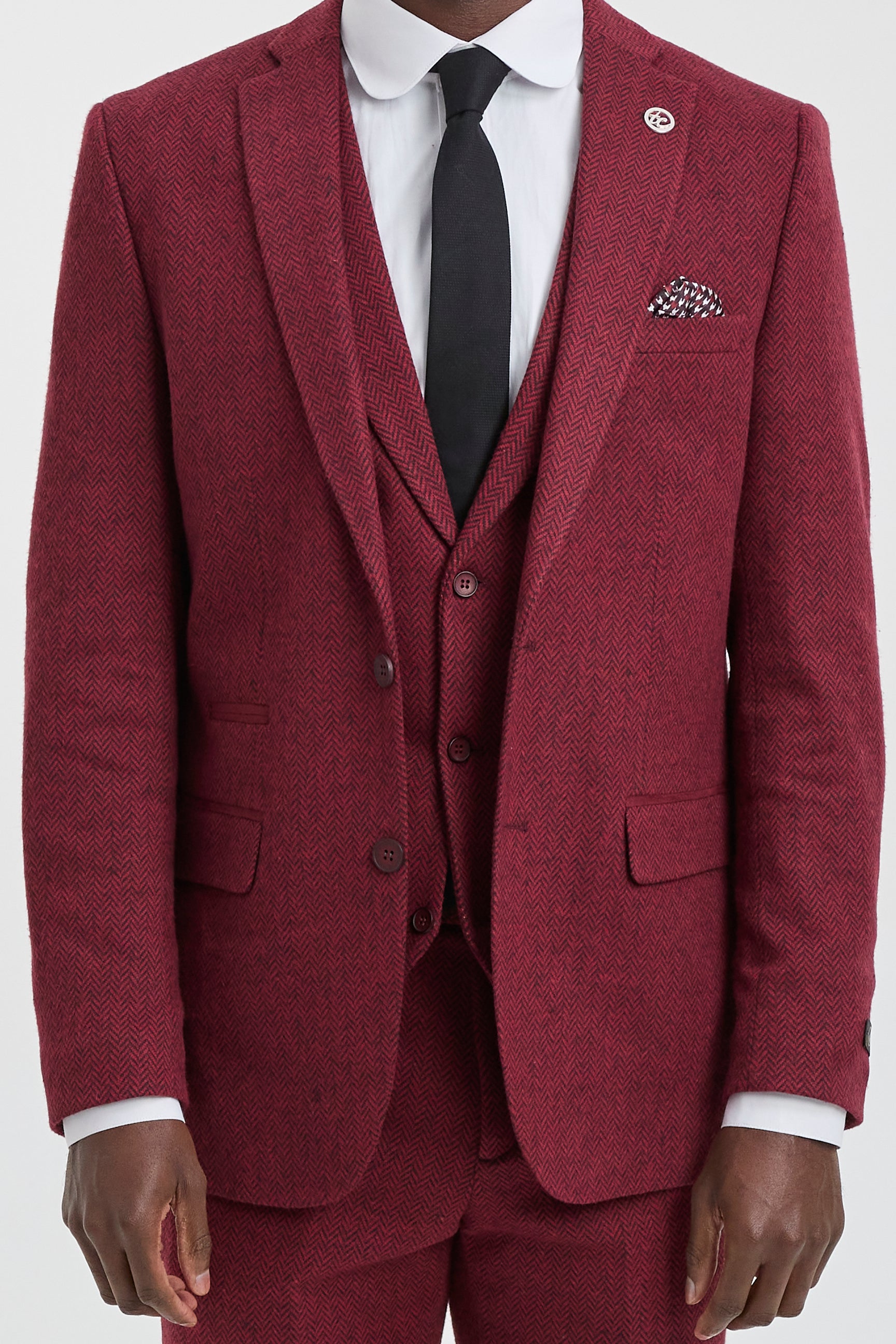 Abito da uomo in tweed a spina di pesce, 3 pezzi, color vino bordeaux - STZ11