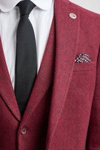 Abito da uomo in tweed a spina di pesce, 3 pezzi, color vino bordeaux - STZ11
