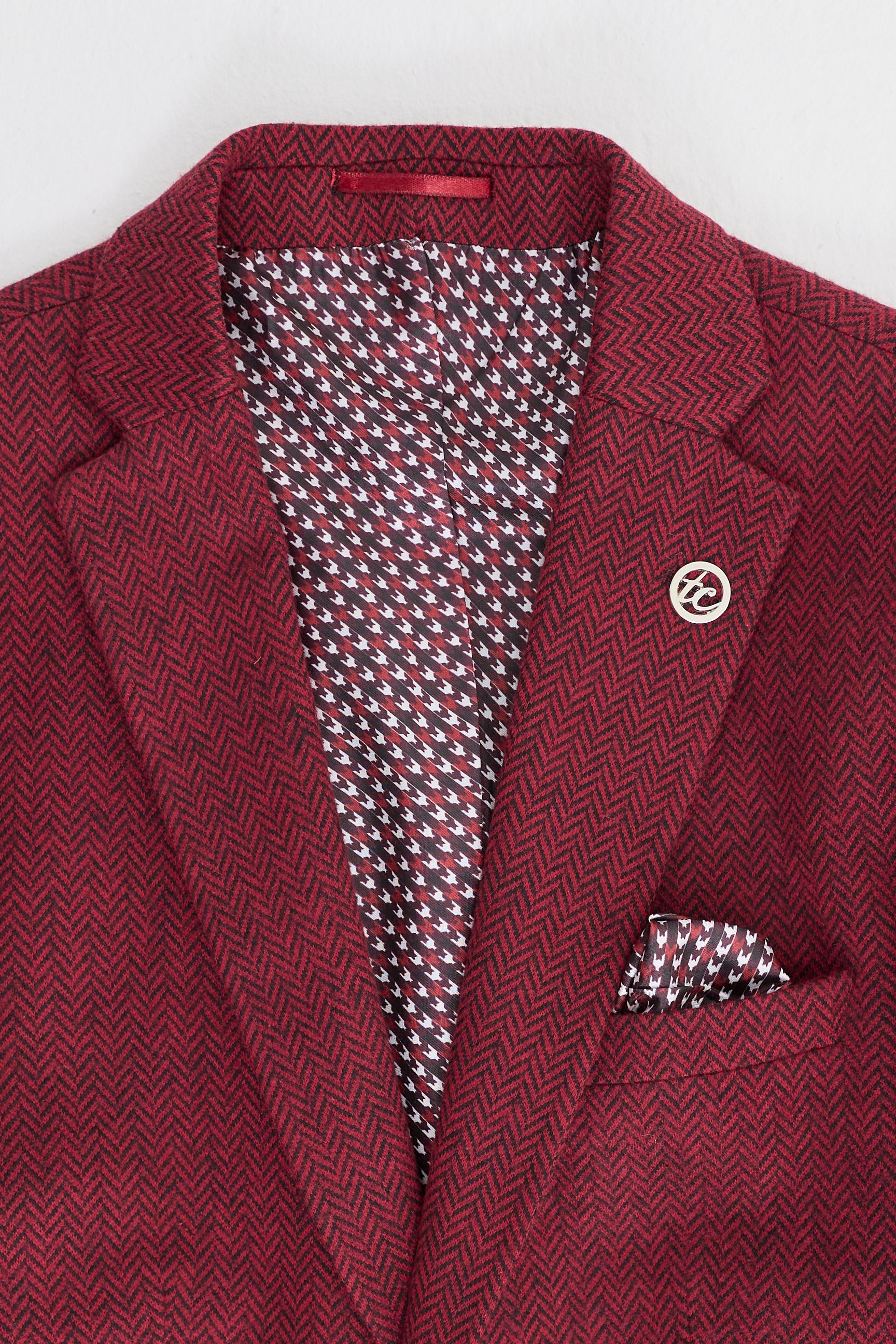 Abito da uomo in tweed a spina di pesce, 3 pezzi, color vino bordeaux - STZ11