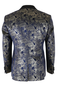 STZ63 - Blazer da uomo in velluto con motivo Paisley floreale blu e oro