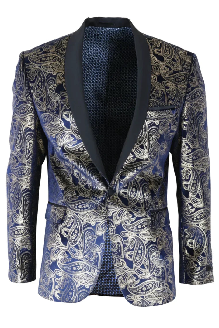 STZ63 - Blazer da uomo in velluto con motivo Paisley floreale blu e oro
