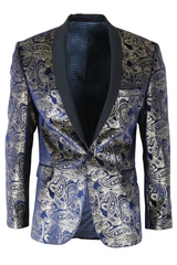 STZ63 - Blazer da uomo in velluto con motivo Paisley floreale blu e oro