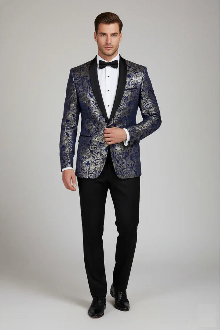 STZ63 - Blazer da uomo in velluto con motivo Paisley floreale blu e oro