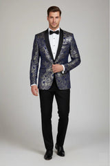 STZ63 - Blazer da uomo in velluto con motivo Paisley floreale blu e oro