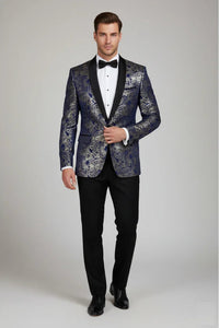 STZ63 - Blazer da uomo in velluto con motivo Paisley floreale blu e oro