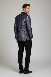 STZ63 - Blazer da uomo in velluto con motivo Paisley floreale blu e oro