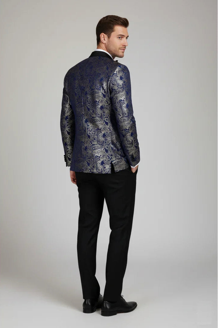 STZ63 - Blazer da uomo in velluto con motivo Paisley floreale blu e oro