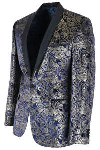 STZ63 - Blazer da uomo in velluto con motivo Paisley floreale blu e oro