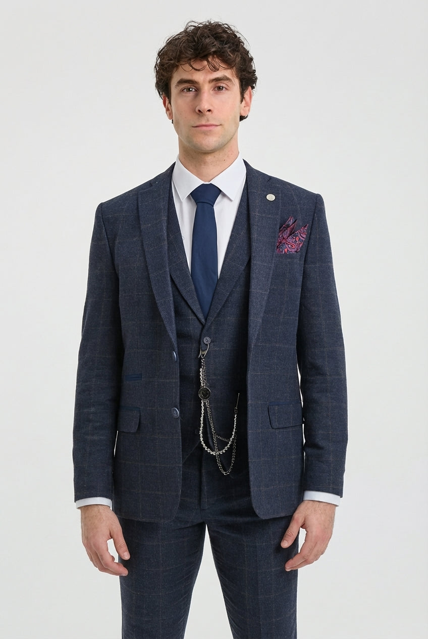 Abito da uomo 3 pezzi in tweed di lana blu navy e marrone a quadri stile Gatsby anni '20