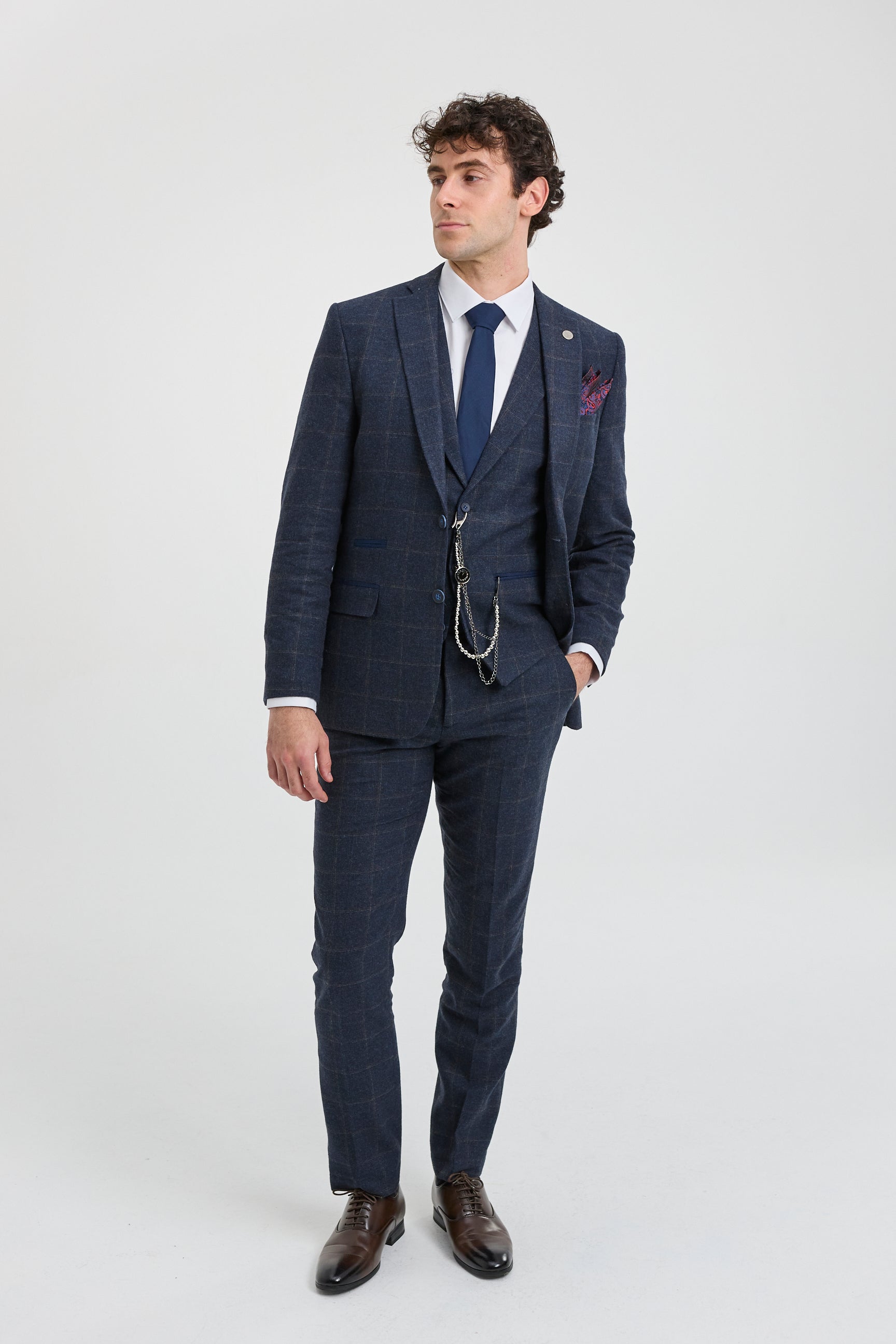 Abito da uomo 3 pezzi in tweed di lana blu navy e marrone a quadri stile Gatsby anni '20