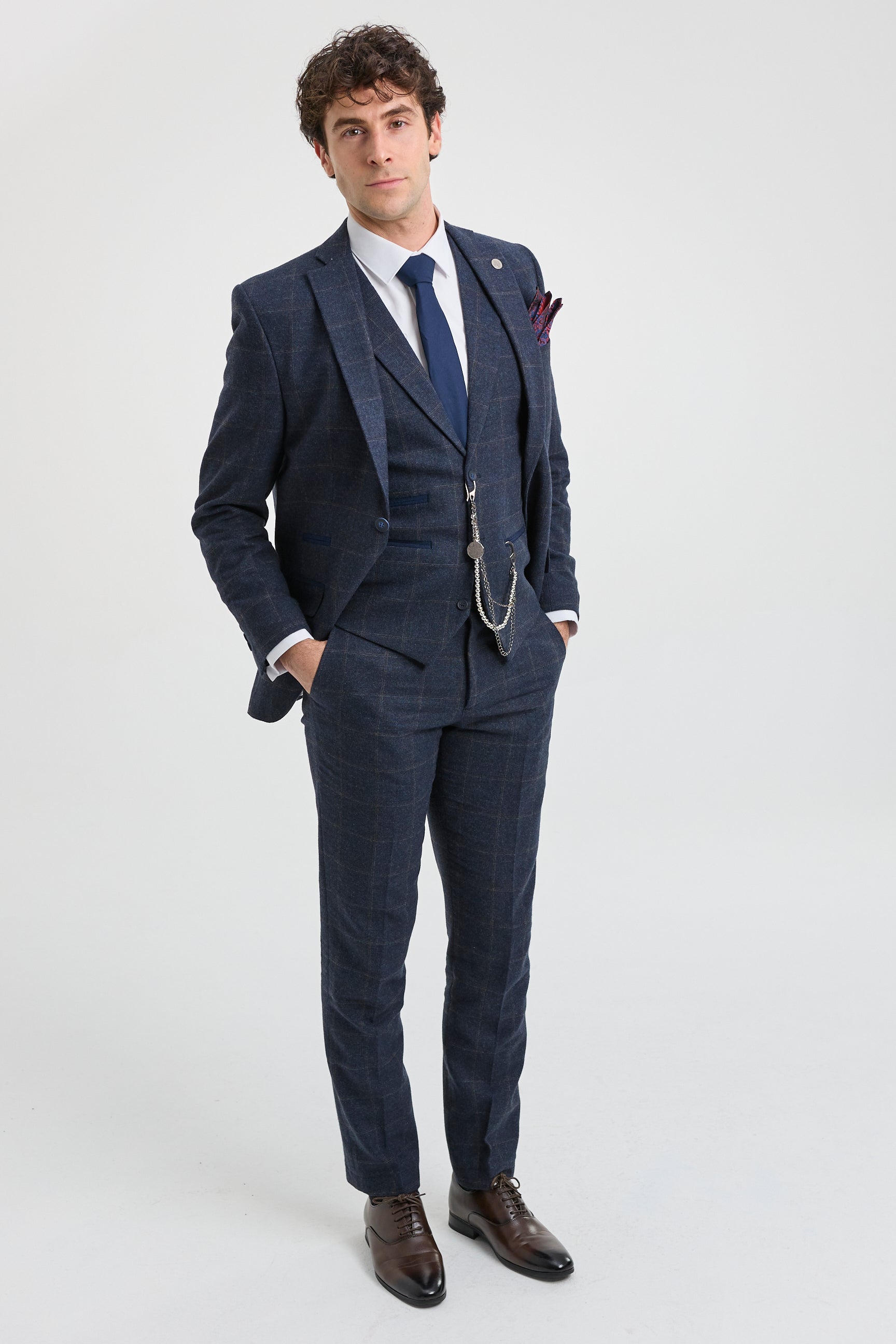 Abito da uomo 3 pezzi in tweed di lana blu navy e marrone a quadri stile Gatsby anni '20