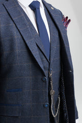 Abito da uomo 3 pezzi in tweed di lana blu navy e marrone a quadri stile Gatsby anni '20