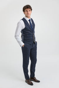 Abito da uomo 3 pezzi in tweed di lana blu navy e marrone a quadri stile Gatsby anni '20