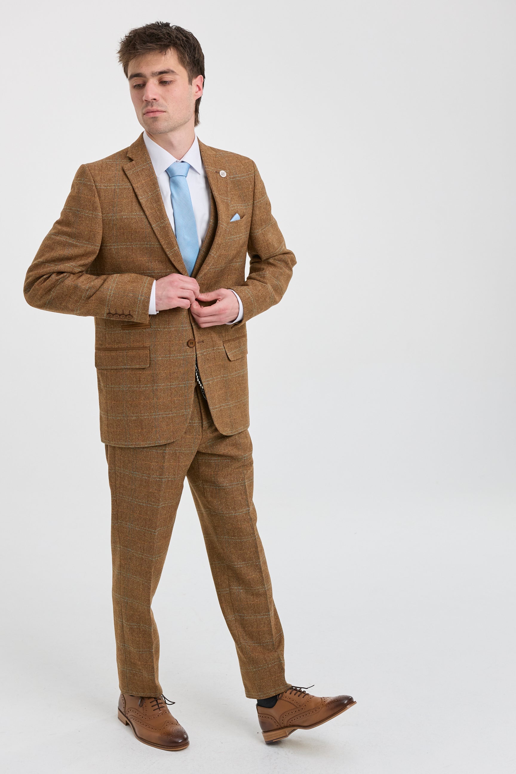 Abito da uomo 3 pezzi in tweed di lana a spina di pesce marrone chiaro e blu a quadri stile Gatsby anni '20