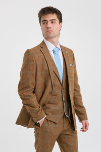 Abito da uomo 3 pezzi in tweed di lana a spina di pesce marrone chiaro e blu a quadri stile Gatsby anni '20