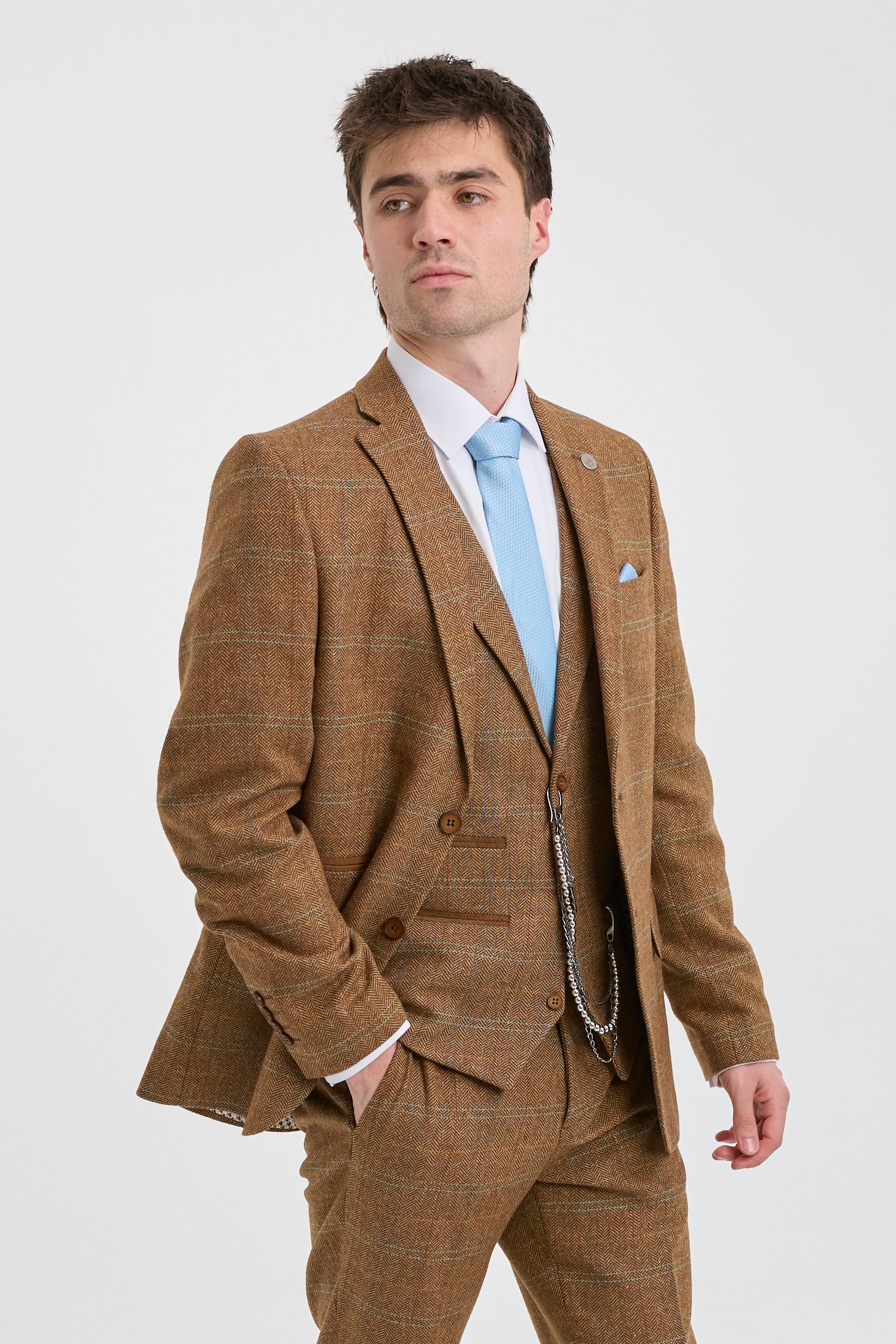 Abito da uomo 3 pezzi in tweed di lana a spina di pesce marrone chiaro e blu a quadri stile Gatsby anni '20