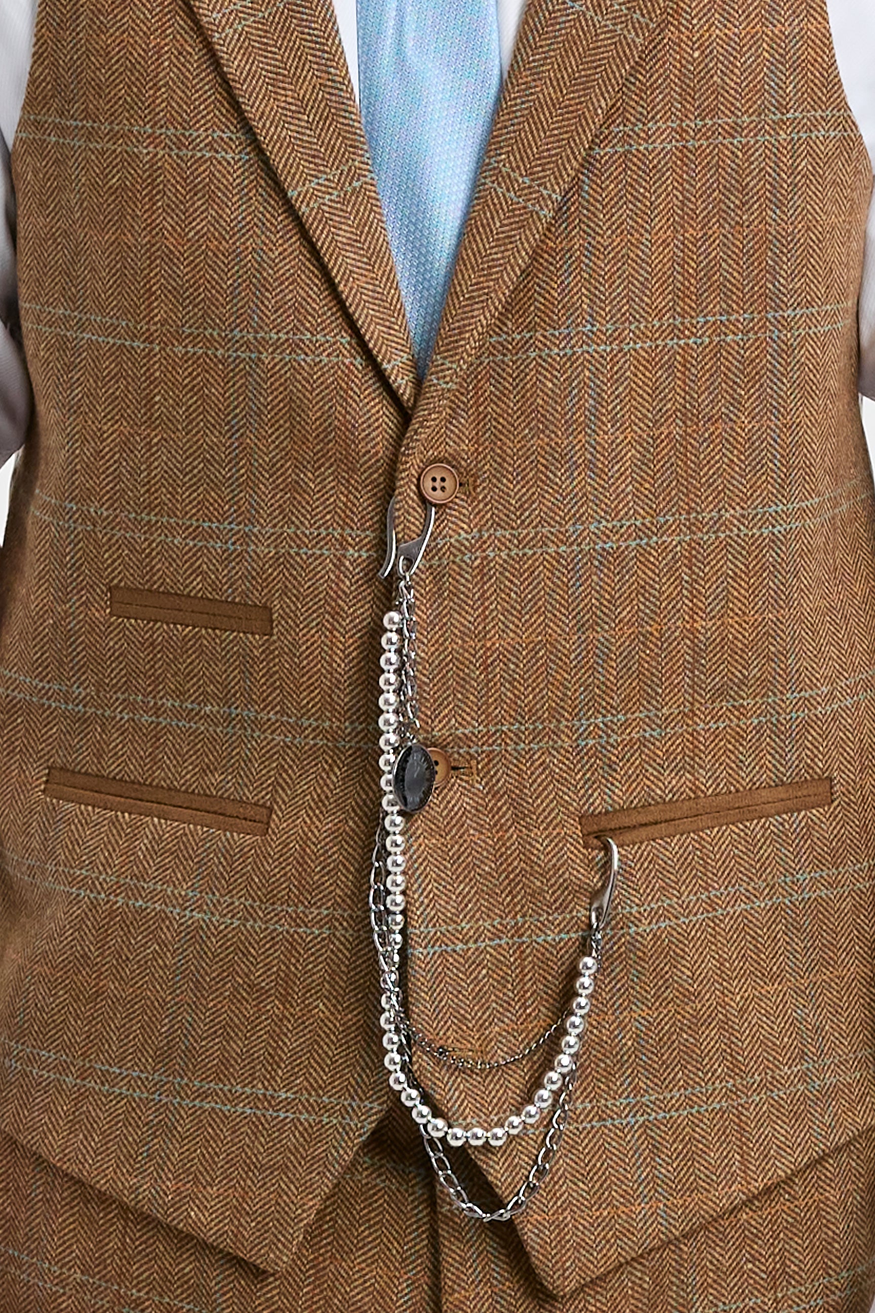 Abito da uomo 3 pezzi in tweed di lana a spina di pesce marrone chiaro e blu a quadri stile Gatsby anni '20