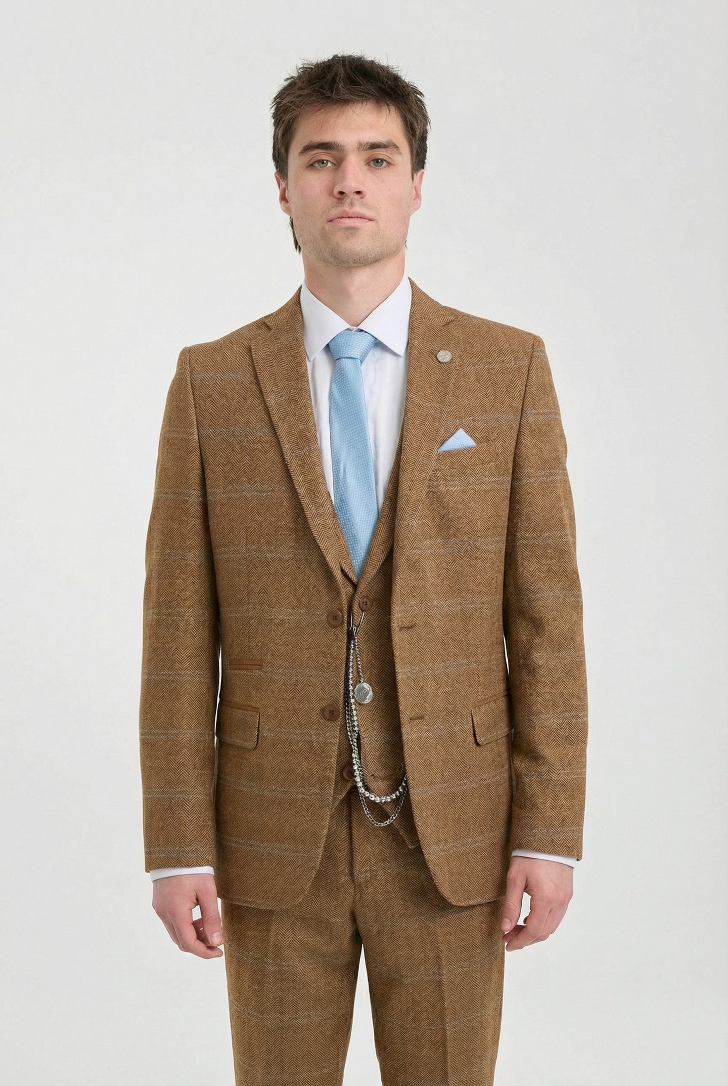 Abito da uomo 3 pezzi in tweed di lana a spina di pesce marrone chiaro e blu a quadri stile Gatsby anni '20